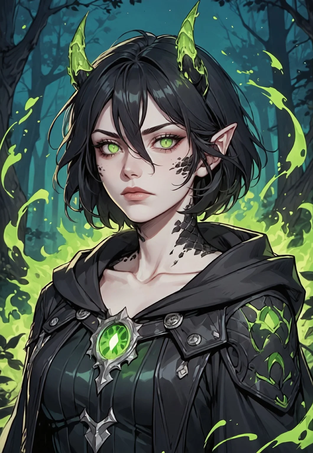 safe_pos, ((zPDXL3)), score_9, score_8_up, score_7_up, score_6_up, score_5_up, score_4_up, ral-chrosc-clr,
1girl, solo, Adult Woman, Slender Build, pale skin, short hair, wild hair, hair between eyes, looking at viewer, pale green eyes, slit pupils, black pupils, plain expression, medium breast, black hair, (extremely detailed face and eyes), closed mouth, collarbone, outdoors, tree, night, nature, leather armor, forest, in tree, hood, fur cloak, horns, neck scales, sholder scales, casting spell, green energy, green ball, glowing green fire, black scales, black dragon, dragon girl,