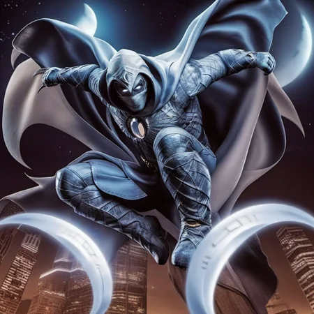 MoonKnight1024, a man, +++(full body), fighting pose, moon, stars, buildings, detailed eyes, highly detailed , photography, ultra sharp, film, bokeh, professional, 4k, highly detailed <lora:add-detail-xl:1.5> <lora:MoonKnight1024:0.8>