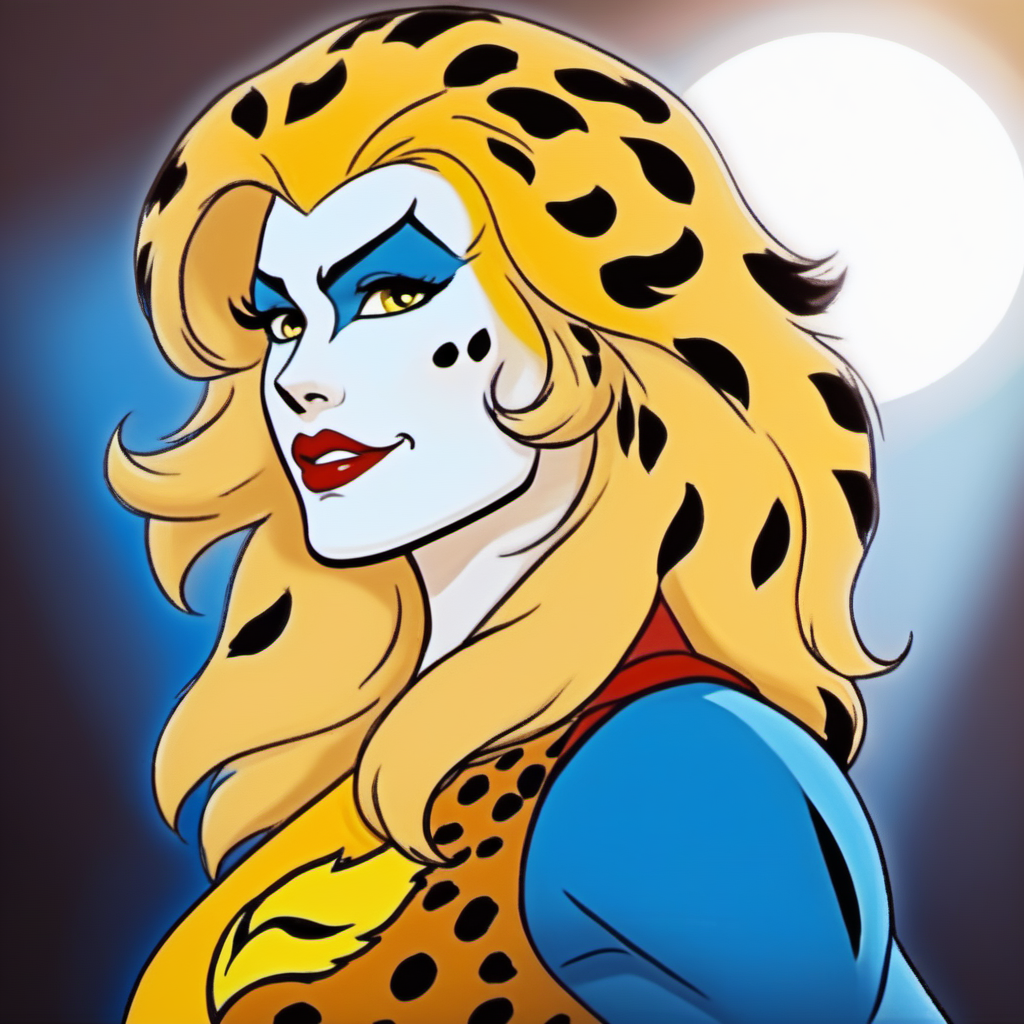 cinematic photo, 
CheetaraQuiron character, solo, long hair, blonde hair,  yellow eyes,  parted lips, profile, makeup, blue background, parody, lipstick, style parody, facepaint,<lora:SDXL1.0_quiron_Cheetara_v4p_Lora:1>