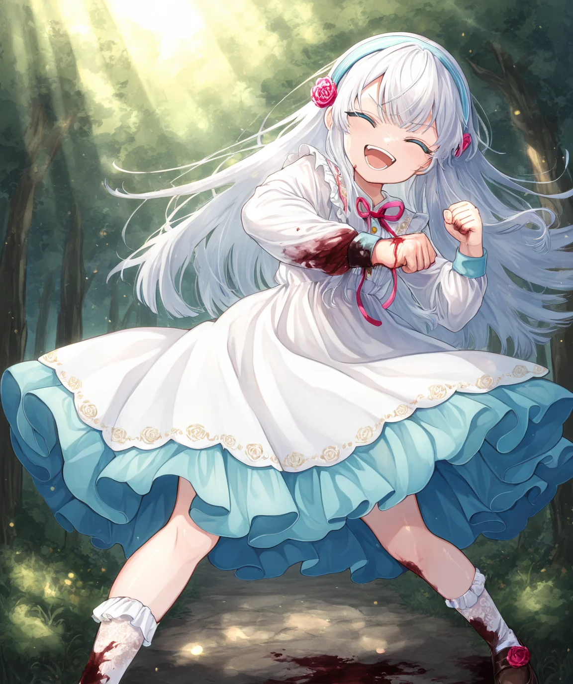 intricately detailed illustration, shiny skin, masterpiece, best quality, amazing quality, very aesthetic, newest, scenery, (volumetric lighting:1.1), full color, clear line, solo, <lora:nia_liston_v01:1>, nia_liston, long hair, white hair, bule eyes, white dress, blue underskirt, rose headband, white socks, shoes, laughing out loud, blood on fist, punch, POV, <lora:LECO_BadHands:1.2>, <lora:LECO_GoodHands:-1.2>, <lora:cfg_scale_boost:0.7>