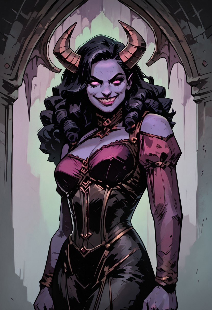 score_9, score_8_up, score_7_up, masterpiece, best quality, newest, absurdres, highres, 1girl, demon girl, Purple skin, Purple colored skin, colored skin, curly hair, corset, dress, pink eyes, black hair, smug, smile, horns, demon horns, mature, mature female,

