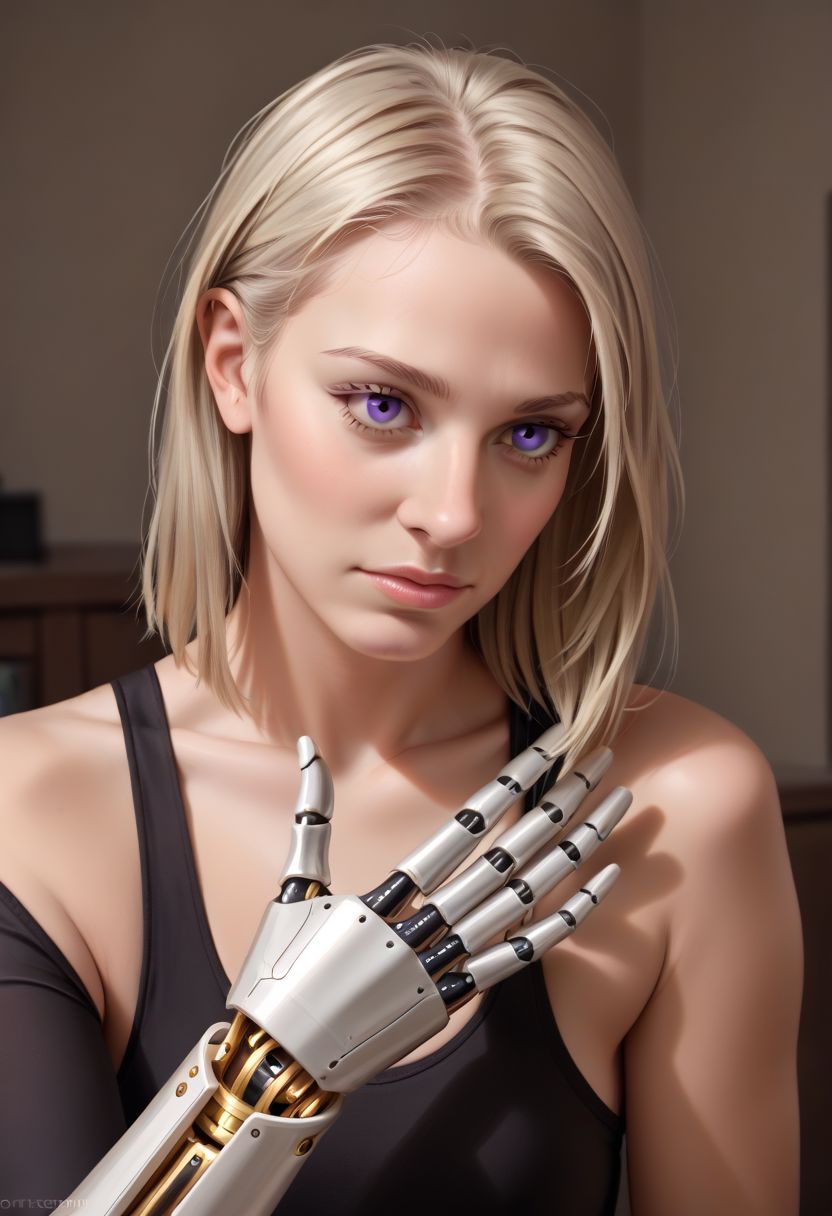 best quality, masterpiece, realistic,extreme realism, Deru, extremly detailed face, extremly detailed hands and fingers, score_9,score_8_up,score_7_up,score_6_up,source_realistic, rating_questionable, rating_explicit, solo, 1girl, photorealistic, thick outlines, strong shadows, <lora:add_detail:0.75>, 1 girl, adult woman, purple eyes, platinum blonde straight hair, portrait, solo, upper body, looking down, detailed background, detailed face, (<lyco:FiveDecorsAIx3:0.4>, ivorygoldai, ivory-gold theme:1.1), android, mechanical limbs, wires, high-tech, head tilted, augmented reality, nanobots, electronics, techwear, powered by nuclear fission, holograms, flashing green lights, workshop in background, cinematic atmosphere,