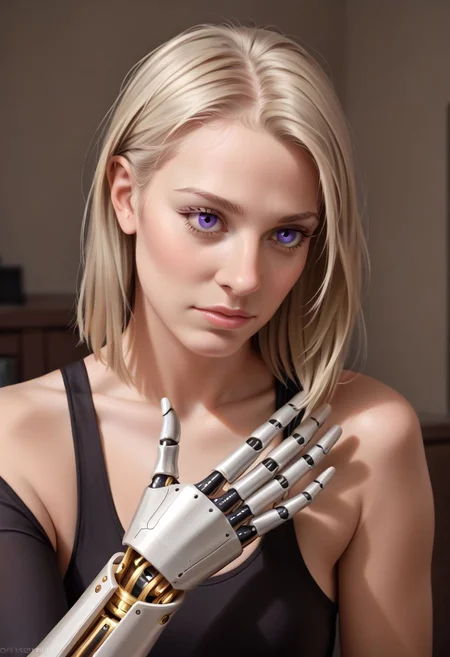 best quality, masterpiece, realistic,extreme realism, Deru, extremly detailed face, extremly detailed hands and fingers, score_9,score_8_up,score_7_up,score_6_up,source_realistic, rating_questionable, rating_explicit, solo, 1girl, photorealistic, thick outlines, strong shadows, <lora:add_detail:0.75>, 1 girl, adult woman, purple eyes, platinum blonde straight hair, portrait, solo, upper body, looking down, detailed background, detailed face, (<lyco:FiveDecorsAIx3:0.4>, ivorygoldai, ivory-gold theme:1.1), android, mechanical limbs, wires, high-tech, head tilted, augmented reality, nanobots, electronics, techwear, powered by nuclear fission, holograms, flashing green lights, workshop in background, cinematic atmosphere,