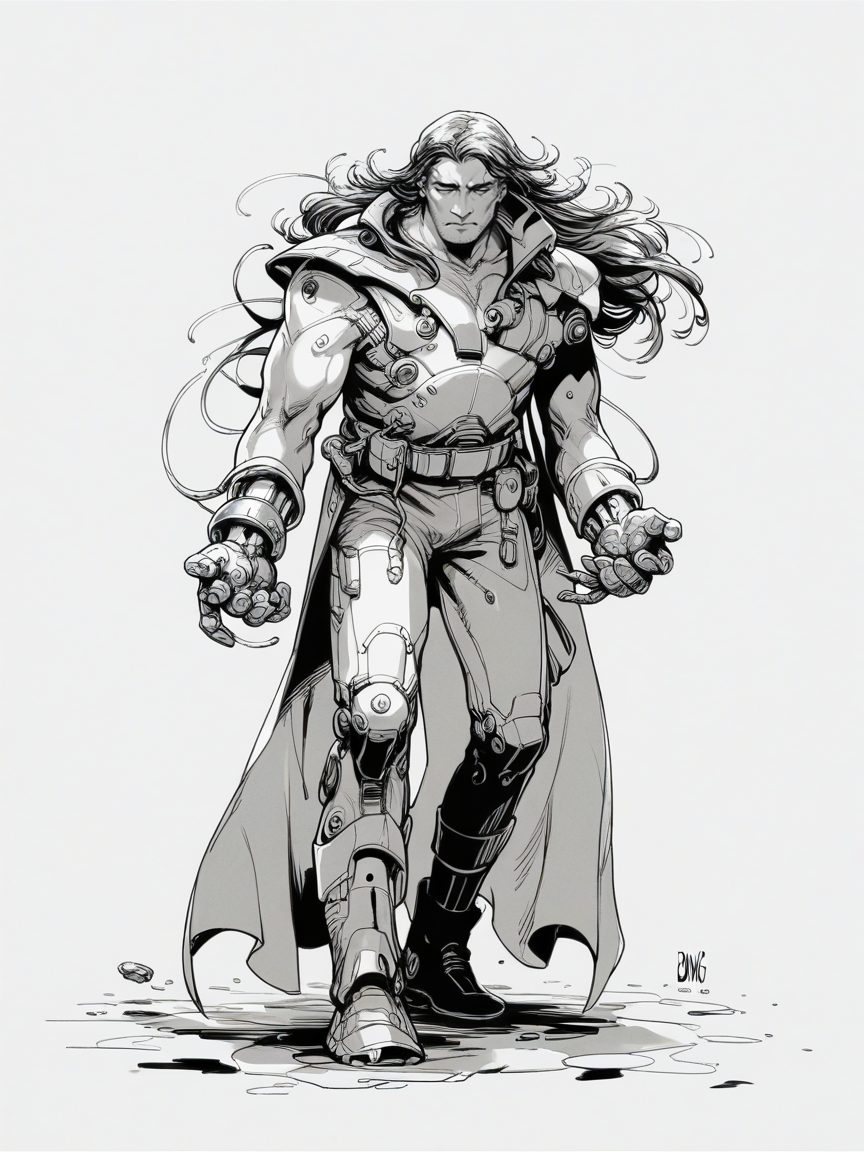 score_9, score_8_up, score_7_up, score_6_up,  <lora:BWSXLP:1> bws, 1boy, full body, long hair, monochrome, science fiction