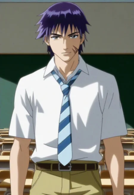 ((masterpiece)), ((best quality)), ((ultra-detailed)), ((absurdres)), score_9_up, score_8_up, score_7_up,
HD, top quality, best quality, amazing quality, High-quality illustrations, anime screencap, source_anime, best aesthetic, perfect proportions, perfect eyes, 1boy, 1male, solo boy, solo male, male focus, solo male focus, Anime, boy, male anime character, anime boy, handsome, cute, charming, sexy, good-looking, Hisaya Miki, purple-black hair, black-gray eyes, moles under eyes, face scars, white collared shirt, striped necktie, belt, green pants, ((lean body)), ((tall body, tall height)), ((school classroom background)), ((cowboy shot, head to hips shot)), ((front view, facing front, looking at viewer)), easynegative, updn, Expressiveh, masterpiece, best quality, very aesthetic, absurdres