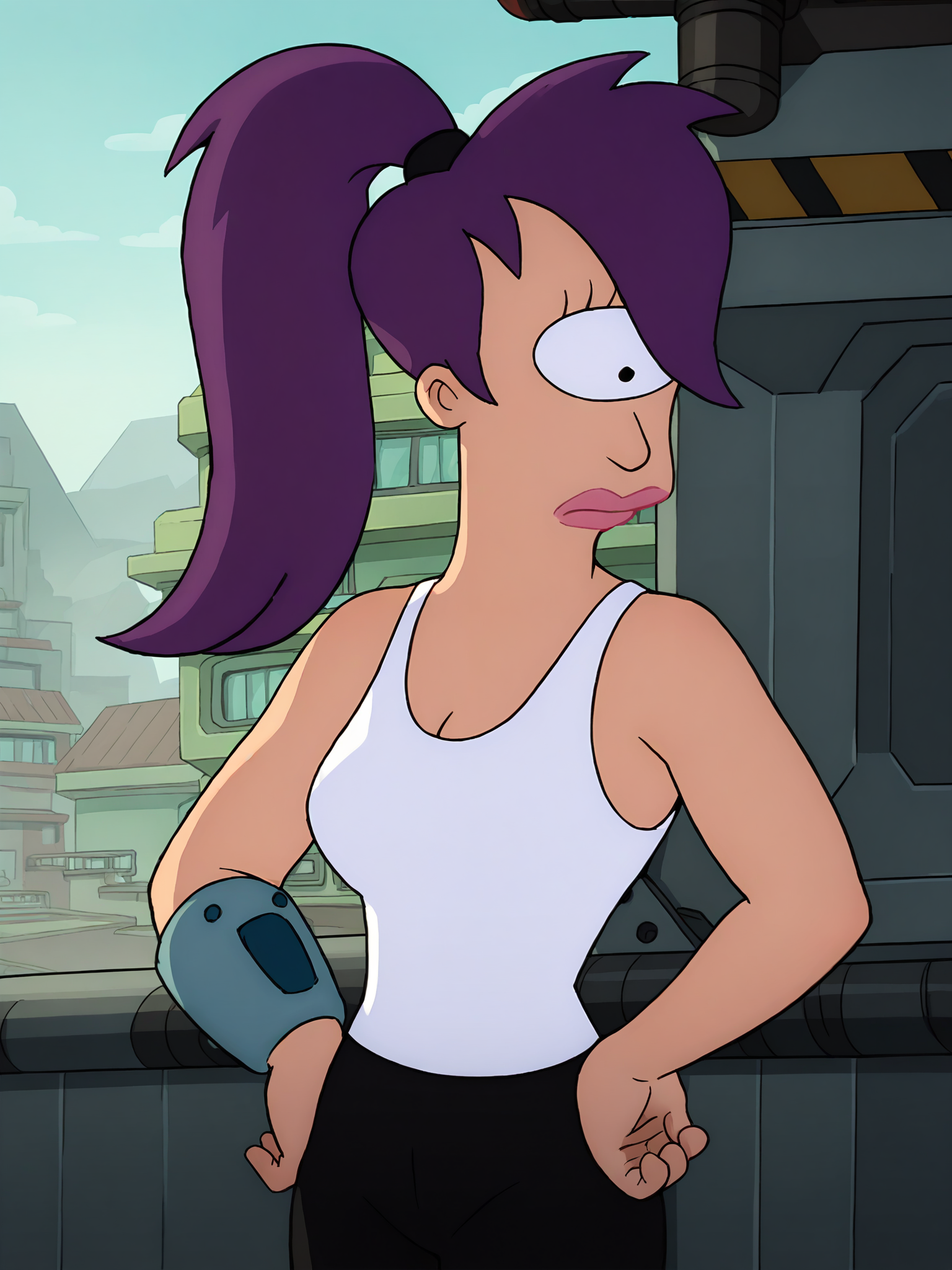 leela, 1girl, purple hair, one-eyed, cyclops, ponytail, long hair, solo, white tank top, black pants, lipstick <lora:LeelaPony1.2_r2:1>,looking at viewer,cowboy shot,upper body,   city, science fiction, hand on own hip, score_9, score_8_up, score_7_up, score_6_up, score_5_up, score_4_up