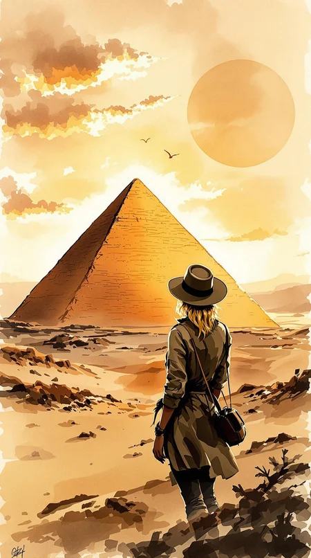 expressive watercolour ink wash, intricate linework with expressive contrasts, soft lighting with dynamic highlights, image of a dusty desert with a 1930s female explorer, blonde hair, safari hat and jacket, standing looking up at an Egyptian pyramid, silhouetted at sunset, sparse clouds