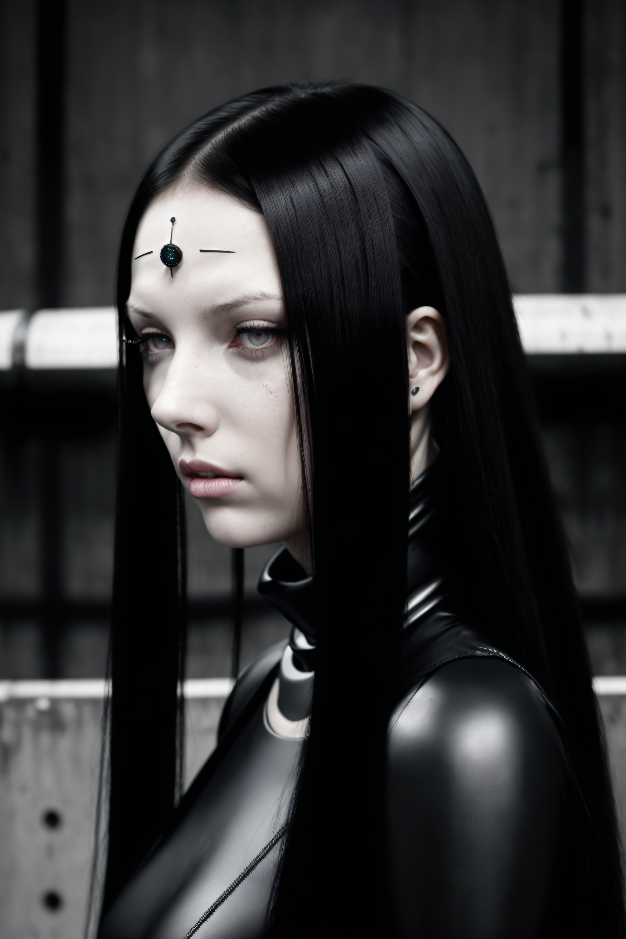 dark colors,RAW photo,realistic,detailed,8k uhd, dslr,sharp,volumetrics dtx,soft lighting,futuristic,((pcell)),(black sclera), ((pale skin)),(top of head covered),((lines under eyes)),(black jewel on forehead), beautiful woman, cyborg, (long eyelashes), latex dress,black hair, long pigtails,closed mouth,long straight black hair, expressionless,portrait, tubes, concrete, mega structures,decrepit scenery, <lora:blamev2:0.7>