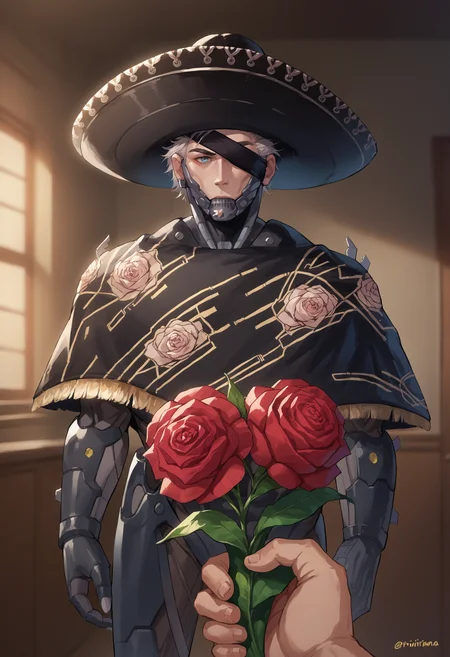 score_9, score_8_up, score_7_up, source_anime, 1boy, <lora:POVGifting_XLPD:1>, PovGifting, pov hands, holding flowers, flower, roses, upper body, indoors, <lora:RaidenMGR_XLPD:1>, RaidenMGRSombrero, hat, cyborg, bodysuit, eyepatch