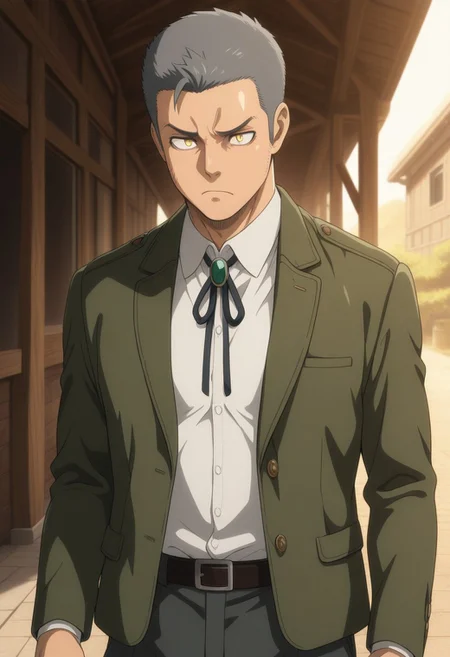 masterpiece, best quality, amazing quality, very aesthetic, absurdres, newest, detailed background, warm natural lighting, lively and bustling atmosphere, background details visible, shiny skin, outdoor, frown,
1boy, ConSpostime, short hair, grey hair, sideburns, yellow eyes, green jacket, collared shirt, neck ribbon with jewelry, pants,