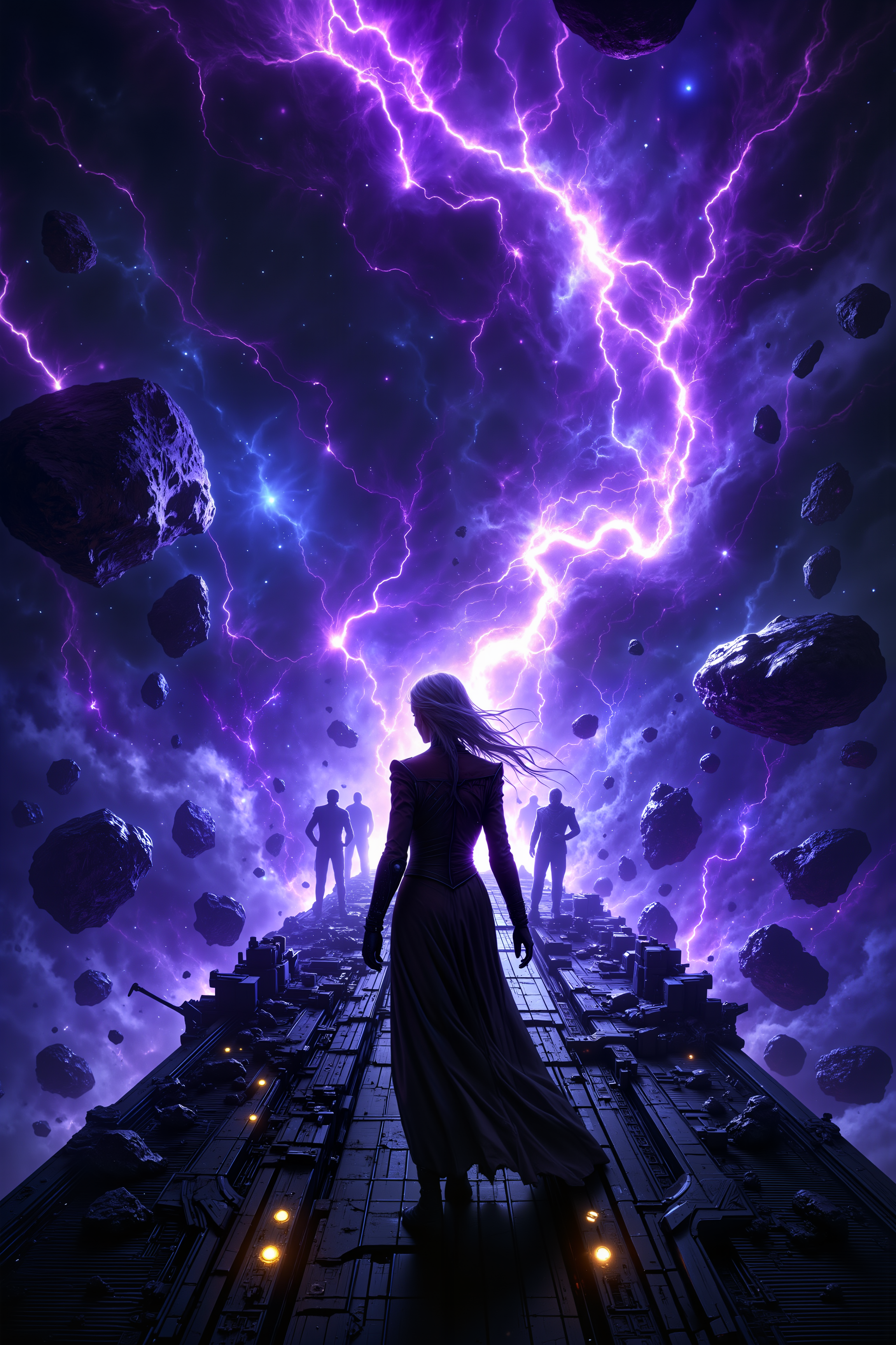 In the middle of a swirling cosmic storm, a lone starship captain stands on the deck of her battered vessel, gazing out into the chaos as streaks of violet lightning crackle across the void. Her gloved hand grips the shipâs railing as the surrounding asteroids begin to pulse with an unnatural glow, slowly transforming into crystalline monoliths that shimmer in the dark expanse. The captainâs face is illuminated by the eerie, iridescent light, her eyes reflecting the shifting energy of the storm. Behind her, the crew scrambles to secure the ship, their movements quick but controlled, knowing that something far beyond their understanding is unfolding. The scene captures the intensity of space exploration with a mystical twist, evoking the cosmic wonder of classic sci-fi like Dune, blended with the surreal elegance of artists like Simon Stalenhag.MythP0rt<lora:DnDDarkestFantasy:0.5><lora:FluxMythP0rtr4itStyle:0.75><lora:Dever_Flux_Enhancer:0.5><lora:Aura_Flux-000010:0.6>