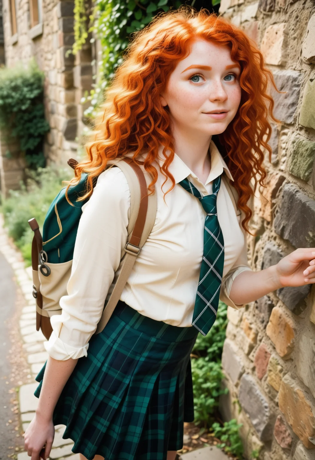 MeridaXLP,freckles,cleavage,wavy hair , A high resolution professional cosplay photograph of Merida, the fiery-haired Disney princess from Brave, dressed in a modern schoolgirl outfit. She has her signature wild, curly red hair cascading down her shoulders, with a few strands playfully framing her freckled face. Her emerald green eyes shine with mischief and determination. She is topless and wears a stylish school uniform consisting of a plaid skirt in shades of green and navy, knee-high socks, and polished black shoes. Her breasts are pale, soft and supple with delicate light pink nipples. A loosely tied tie hangs around her neck, giving her a rebellious yet charming look. She stands confidently, perhaps adjusting her backpack strap or holding a book, with a smirk that hints at her adventurous spirit. The background is softly blurred, depicting a grand old-school building with stone walls and ivy creeping up the sides, adding to the academic yet whimsical atmosphere.