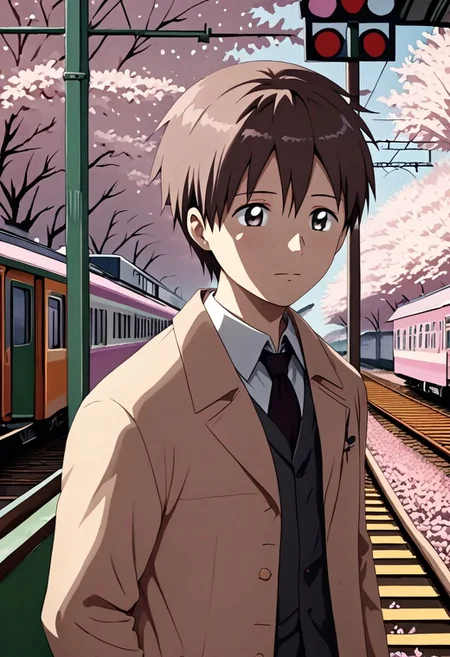 high resolution, solo, best quality, 1Boy, Takaki Toono, Brownish Hair, Brown Eyes, Train Crossing, Sakura, Cherry Blossom, OverallDetail