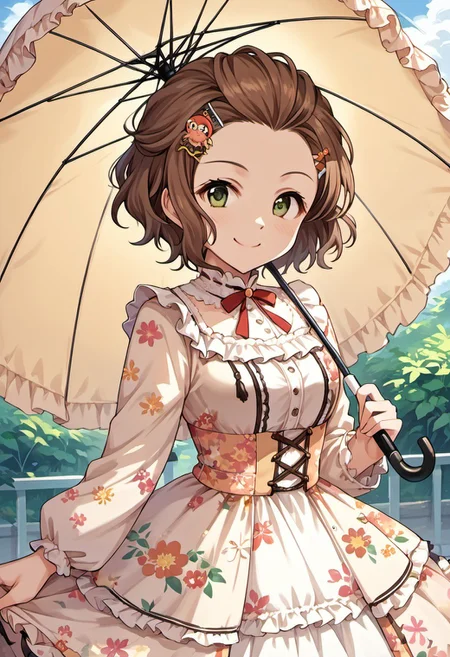 score_9, score_8_up, score_7_up, source_anime, nanba emi, short hair, brown hair, green eyes, 1girl, solo, umbrella, dress, hair ornament, smile, hairclip, looking at viewer, frills, parasol, floral print, bow