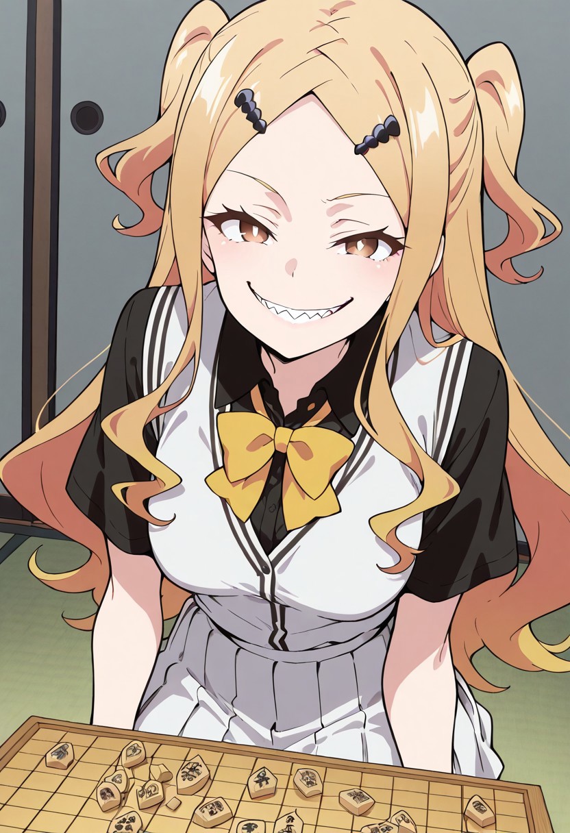 masterpiece, best quality, amazing quality, 1girl, solo, BREAK
ikarno,blonde hair,long hair, two side up, hair ornament, brown eyes,shark teeth,school uniform, black shirt,yellow bowtie, white pleated skirt,
BREAK indoors,looking at viewer, board game,shogi,evil smile