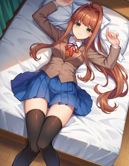 score_9, score_8_up, score_7_up, source_anime,
ddlcmonika, <lora:ddlc-monika-ponyxl-lora-nochekaiser:1>
ddlcmonika, blunt bangs, brown hair, green eyes, long hair, ponytail, ribbon, white ribbon, hair ribbon, sidelocks,
black thighhighs, blue skirt, brown jacket, jacket, long sleeves, mary janes, over-kneehighs, pleated skirt, school uniform, shoes, skirt, thighhighs, zettai ryouiki
indoors, bed, bed room, on back, arm support, arms up, incoming hug, pov, reaching, reaching towards viewer,
looking at viewer, dutch angle, cowboy shot,