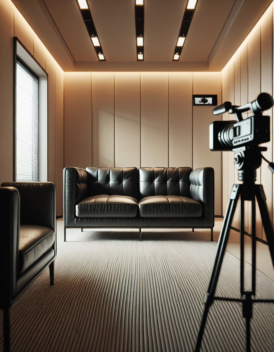 A high-quality, realistic photograph of a modern casting office interior featuring a simple black leather couch positioned against a plain white wall. The couch is sleek, clean, and minimalist in design, with smooth cushions and subtle stitching details. In front of the couch is a small, low wooden coffee table with a few neatly stacked magazines and a glass of water. To the side, there's a professional camera on a tripod aimed at the couch, with softbox lights set up to provide balanced, diffused lighting, eliminating harsh shadows. The floor is covered with light gray carpet, adding a soft texture to the scene. The atmosphere is quiet and neutral, resembling a professional interview space. The overall composition is centered and symmetrical, with a clear focus on the furniture and equipment. No people are present. The photograph has a natural daylight tone coming from an unseen window, giving a soft, ambient glow to the room.
<lora:SDXLFaeTastic2400:0.4> <lora:extremely_detailed:0.4> extremely detailed, <lora:C4st1ng_c0uch-i:1>,C4st1ng c0uch, Masterpiece,best quality,hi res,8k,hi res,8k,award winning,(sharp focus, intricate, highly detailed),