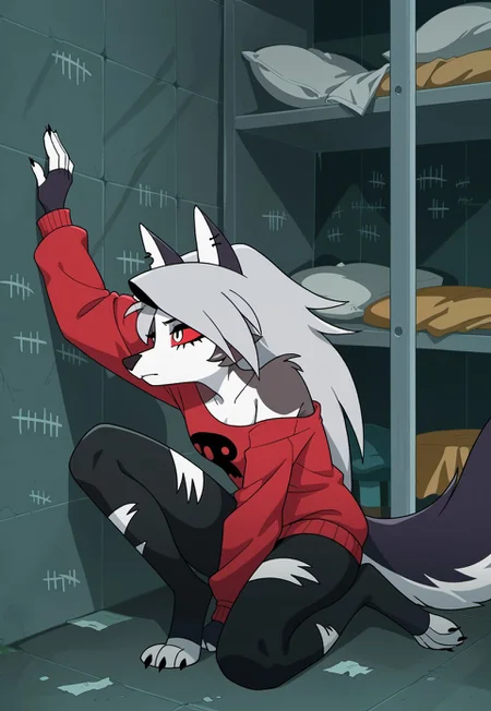 SCORE_9, SOURCE_ANIME, LOONA, FURRY, GREY HAIR, SILVER EYES, RED SCLERA, OFF SHOULDER, SWEATSHIRT, LEGGINGS, JAIL CELL