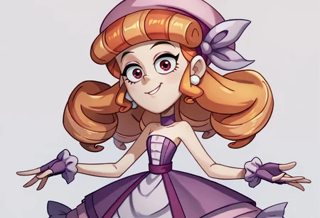 score_9, score_8_up, score_7_up BREAK TeoV, 1girl, long orange hair, hair drills, red eyes, white pearl earrings, pink beret, lavender hair bow, purple choker, frilly purple fingerless gloves, open strapless purple fitted bodice jacket, purple belt, pink lavender layered dress, striped purple stockings, high-heeled purple boots, flying happily,