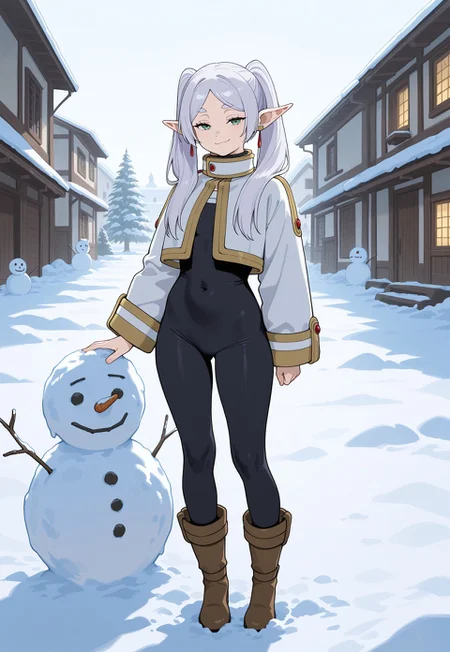 masterpiece, best quality, amazing quality, very aesthetic, absurdres, newest, 1girl, solo,flat-colors, flat-shading, frieren, smirk, smug, round-ass,, detailed hair,
building snowman, snow, winter, bodysuit, fur-lined boots, fur-lined jacket,
volumetric lighting, realistic-lighting