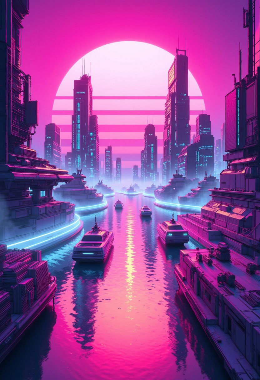 ck-rw, in the style of ck-rw, detailed photorealistic image, gradient of vibrant neon colours, skyscrapers around a futuristic port city, harbour, futuristic ships, sunset, reflection, mist