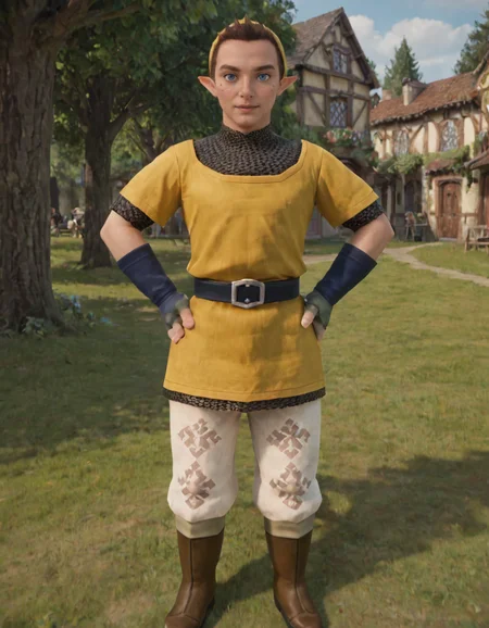 score_9, score_8_up, score_7_up, outdoors, tree, grass, village
BREAK <lora:Pipit_-_Zelda_Skyward_Sword_-_Pony:0.8> ss_pipit, mature, male, pointy ears, brown hair, short hair, blue eyes, freckles, yellow hat, yellow tunic, chainmail undershirt, blue fingerless gloves, belt, pants, boots, looking at viewer, hands on hips, hero pose
