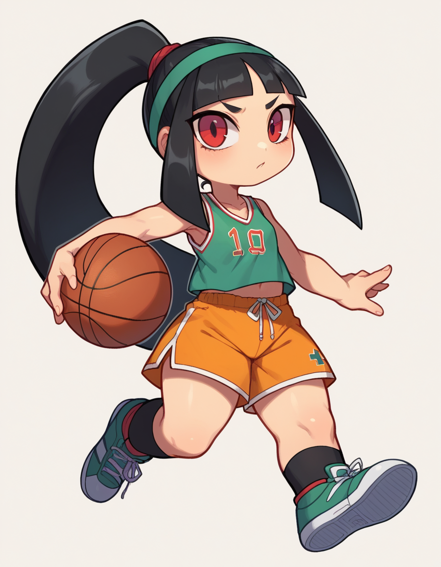 zPDXL, score_9, score_8_up, score_7_up, source_anime, 1girl, solo, 
<lora:Gijinka Mawile v1:0.6> mawile, black hair, blunt bangs, ponytail, red eyes, shortstack, basketball player wearing a green sleeveless shirt, athletic shorts, athletic sneakers, holding a basketball, headband,