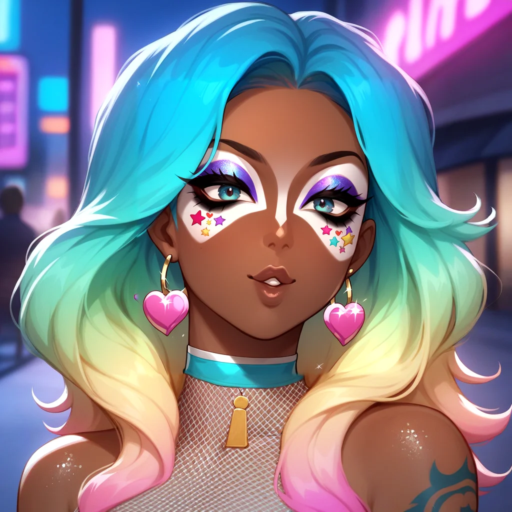 Score_9, score_8_up, score_7_up, score_6_up, source_anime, 1girl, solo, long hair, night street background, godrays, neon glow, gradient hair, highlights, hoop earrings, dark-skinned female, tattoo, colored skin, BREAK, (yamanba, white facepaint makeup), star stickers, heart stickers, pursed lips, parted lips, BREAK, eyeshadow, very dark skin, makeup, animal print, fur, fishnets, choker, (glitter, long eyelashes), slutty clothes, jewelry, white face tattoo, large intricate hair accessories, big voluminous hair,
