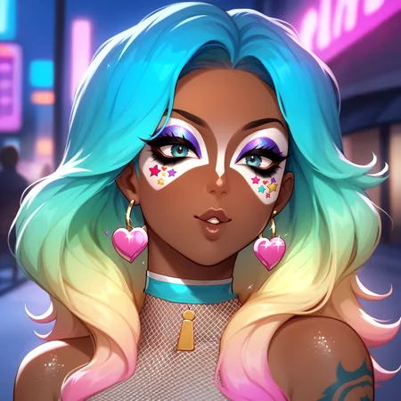 Score_9, score_8_up, score_7_up, score_6_up,  source_anime, 1girl, solo, long hair, night street background, godrays, neon glow, gradient hair, highlights, hoop earrings, dark-skinned female, tattoo, colored skin, BREAK, (yamanba, white facepaint makeup),  star stickers, heart stickers, pursed lips, parted lips, BREAK, eyeshadow, very dark skin, makeup, animal print, fur, fishnets, choker,  (glitter, long eyelashes), slutty clothes, jewelry, white face tattoo, large intricate hair accessories, big voluminous hair,