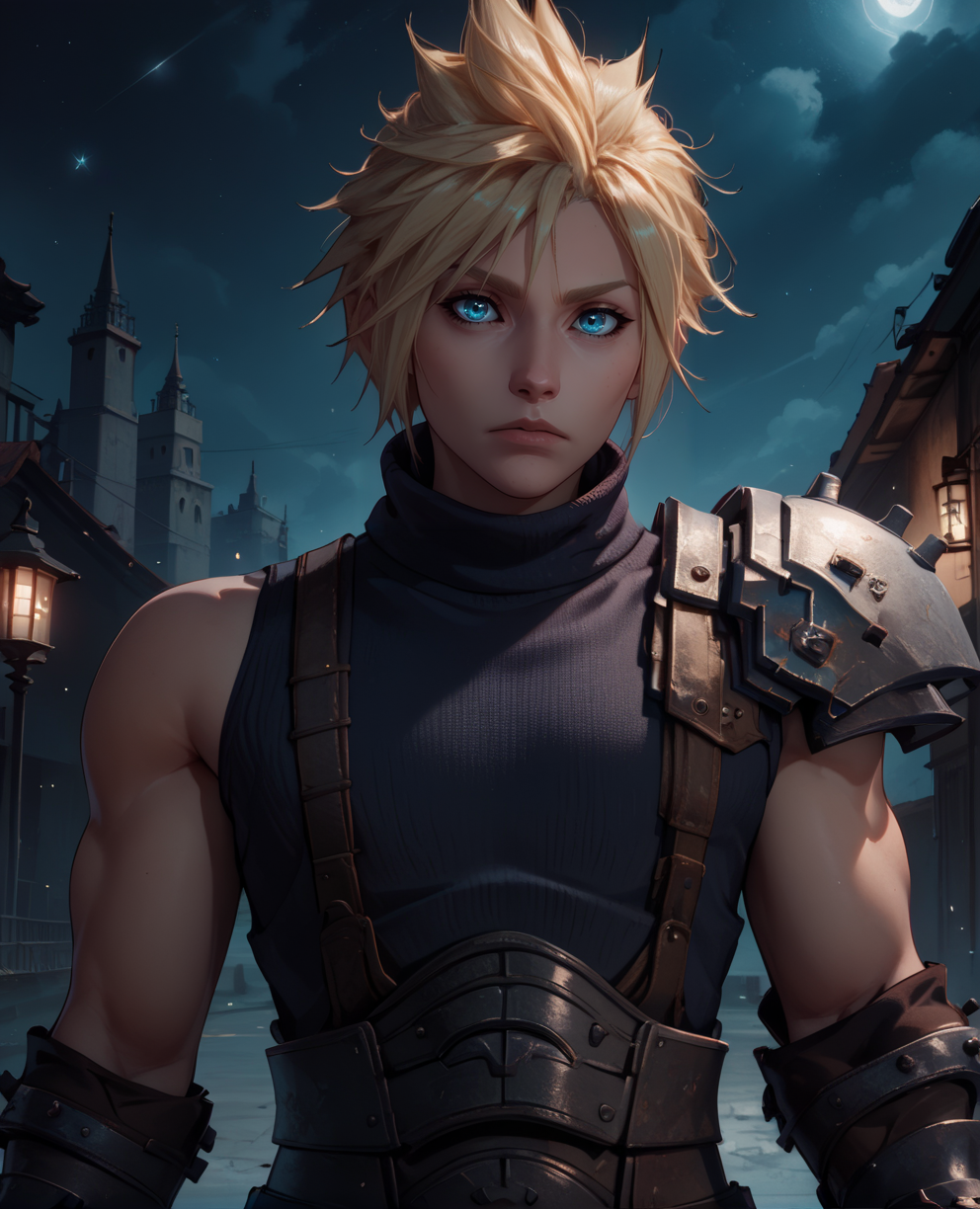 score_9,score_8_up,score_7_up,
cloudxl,blonde hair,spiked hair,blue eyes,solo,
sleeveless,gloves,turtleneck,armor,shoulder armor,sleeveless turtleneck,
standing,upper body, looking at viewer,    
night,industrial,<lora:CloudXL:0.9>,