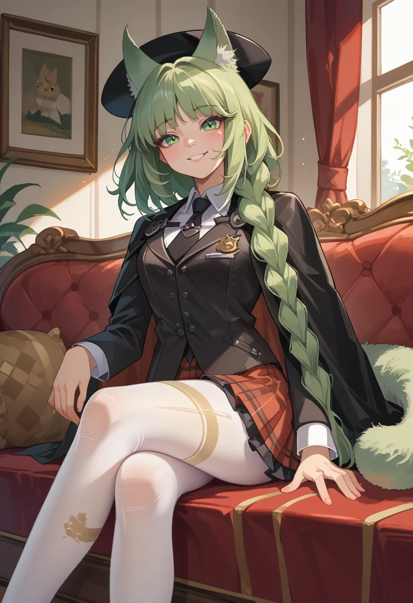 score_9, score_8_up, source_anime, 1girl, solo, HarmonieInvitation, long hair, single braid, hair over one shoulder, cat ears, cat tail, tail ornament, black headwear, black jacket, black necktie, two-tone cape, red skirt, plaid skirt, white pantyhose, sitting, indoors, on sofa, smile, <lora:ChamHarmoniePonyXL:1>