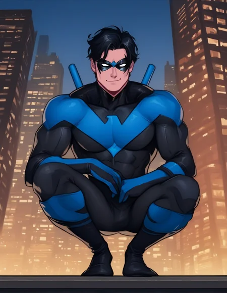 <lora:NightWing:1> score_9, score_8_up, score_7_up, nightwing, solo, smile, short hair, black hair, gloves, 1boy, holding, closed mouth, male focus, outdoors, sky, bodysuit, mask, muscular, night, squatting, pectorals, muscular male, building, city, black bodysuit, superhero, blue bodysuit, domino mask, skinny,