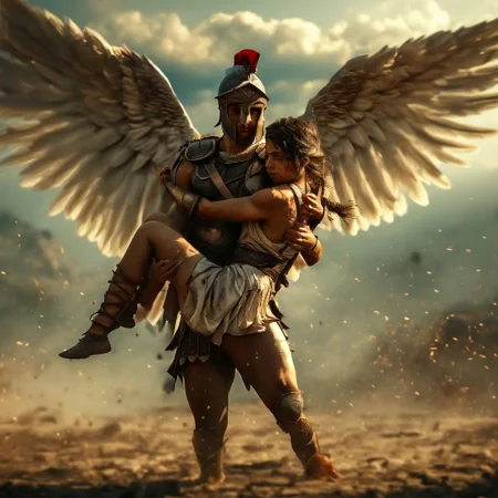 Spartan female angel warrior, spread wings, carrying a man on her arms