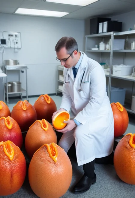 blood orange style, xenoegg, view of a group of unhatched xenoeggs, xenoeggs made of orange peel, horror theme, green light, space station interior, foggy ground, beautifully lit,
Doctor in lab coat inspecting eggs