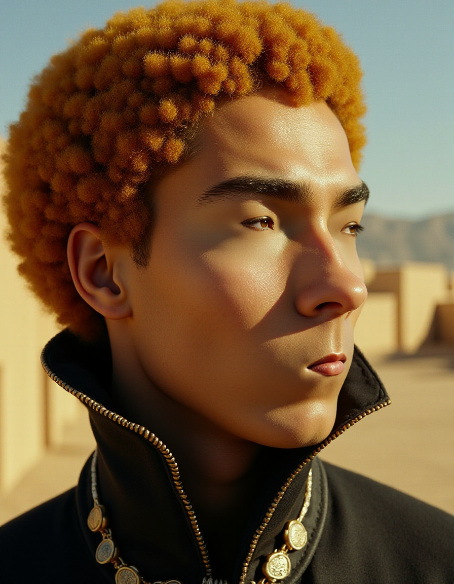 designed by Richard T. Scott, John William Godward and Noell Oszvald, Cinematic still, close up of a Natural (ral-smlfcs:1.3) , he is staring, his hair is Caramel, The Great Wall of Tenochtitlan in background, Cybernetic wasteland, Spring, Evil, Folk Art, soft lighting, sharp, focussed, Ilford XP2 400, 35mm, close-up, <lora:ral-smlfcs-flux-000010:1>, enchanted, contemporary fine detail, deep aesthetic, gorgeous