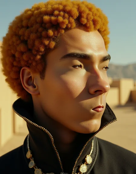 designed by Richard T. Scott, John William Godward and Noell Oszvald, Cinematic still, close up of a Natural (ral-smlfcs:1.3) , he is staring, his hair is Caramel, The Great Wall of Tenochtitlan in background, Cybernetic wasteland, Spring, Evil, Folk Art, soft lighting, sharp, focussed, Ilford XP2 400, 35mm, close-up, <lora:ral-smlfcs-flux-000010:1>, enchanted, contemporary fine detail, deep aesthetic, gorgeous