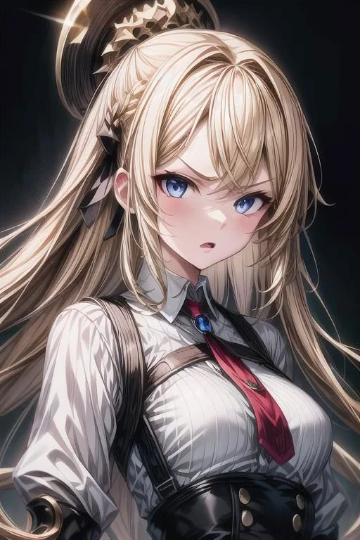 (masterpiece),
Luna,
1girl, blonde, floating hair,
white shirt,
upper body shot,
HDR, highly detailed, 32k,
black background, anger mood,
perfect face feature,