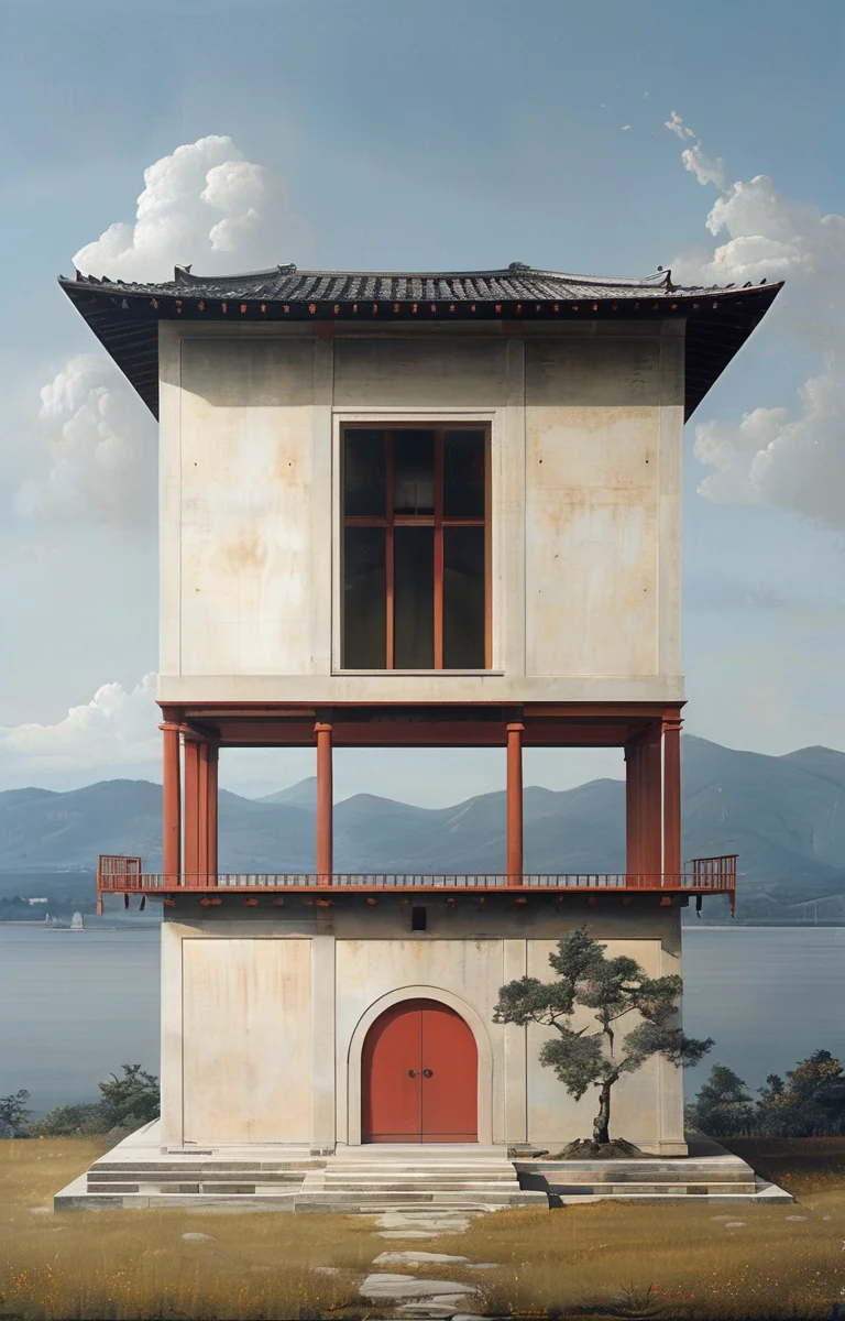masterpiece,best quality,<lora:tbh302-sdxl:0.9>,illustration,designed by Filippo Brunelleschi Minimalist Japanese-inspired tea house by the sea, evoking the style of Tadao Ando