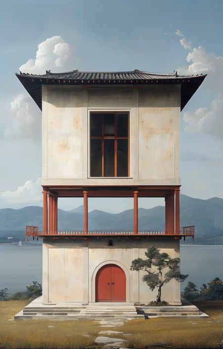 masterpiece,best quality,<lora:tbh302-sdxl:0.9>,illustration,designed by Filippo Brunelleschi Minimalist Japanese-inspired tea house by the sea, evoking the style of Tadao Ando