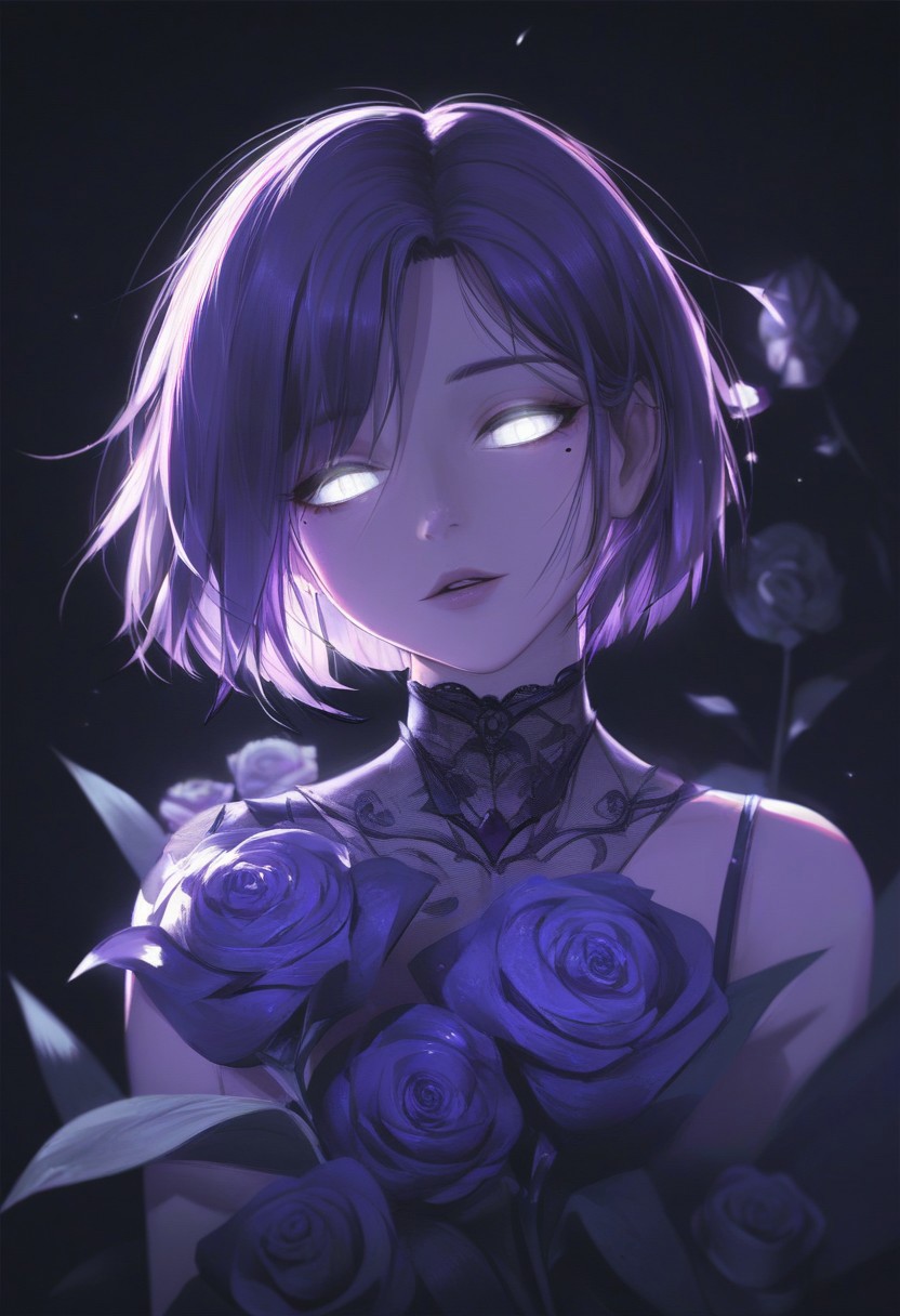 score_9, score_8_up, score_7_up, score_6_up, YXNGH, 1girl, flower, mole, solo, portrait, rose, glowing, mole under eye, parted lips, looking at viewer, simple background, black background, purple theme, glowing eyes, white eyes, short hair