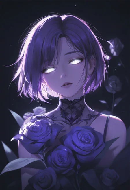score_9, score_8_up, score_7_up, score_6_up, YXNGH, 1girl, flower, mole, solo, portrait, rose, glowing, mole under eye, parted lips, looking at viewer, simple background, black background, purple theme, glowing eyes, white eyes, short hair