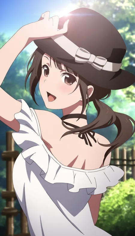 masterpiece,best quality,amazing quality,
<lora:sawaOkitaNAI:1>,sawa okita,
1girl,solo,brown hair,twintails,bangs,black brimmed hat with white bow,brown eyes,black choker,off-shoulder white dress,black camisole underneath,
(portrait:1.2),looking back,open smile,hand on the hat,face focus,back view,
outdoors,day,japanese garden,lush greenery,wooden fence,sunlight filters through the trees,lens flare,