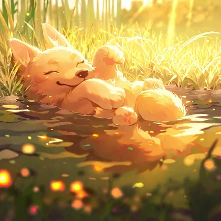 realistic, masterpiece, Bubbles, absurdres,pond, newest, year 2024, year 2023, safe general, sit,
perspective, foreshortening, cute,no humans,
solo, (cute dog:1.1), chibi, closed eyes, on back, dog ears, dog tail, paws, partially submerged, (relaxing:1.1),
tall grass, embers, detailed background, (onsen:1.1), blurry foreground, sunbeam, dappled sunlight, sunlight, (sidelighting:1.2),
<lora:ponyv4_noob1_2_adamW:0.3>, <lora:spo:0.85>,
<lora:illustrious_noobai_epsilon_pred_1_masterpieces_v1:1.0>