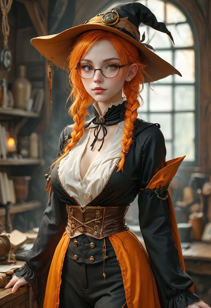 Realistic,
Busty witch with orange hair and pointy ears, Flameweaver witch, Fairypunk witches robes, (cleavage), top too small, skindentation, plunging neckline, bursting breasts, hair slicked back, Braids,(gigantic breasts), round glasses, spectacles. wizard Robes, witch hat, wide brim, framed breasts, gold trim, side slit, corset, belt, pouches on belt,