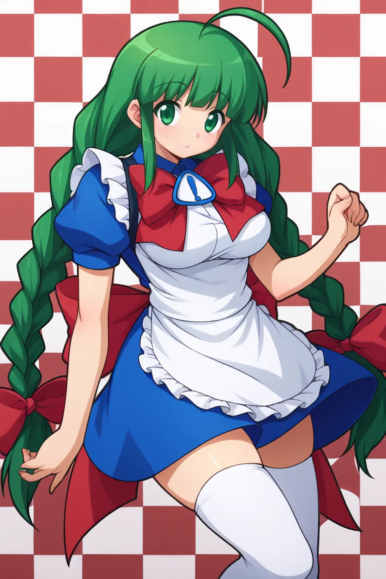score_9, score_8_up, score_7_up, BREAK, <lora:manyakis-guy-PONYv1:1>, 1girl, solo, breasts, <lora:os-tan_me-tan_xl_ponyXL:0.95> me-tan, ahoge, twin braids, blue dress, red bow, white apron, puffy short sleeves, white thighhighs, checkered background,