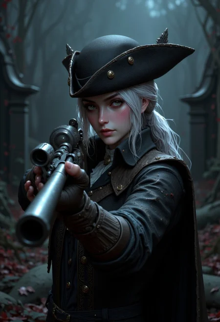 photorealistic image of Lady Maria as a sharpshooter, silver hair under her hat, in a dynamic rifle stance, holding rifle, long coat, in a gothic, scary graveyard, face in sharp focus, detailed face, detailed eyes, perfect hands, dynamic pose, High Detail, Perfect Composition, dramatic dim lighting, high contrast