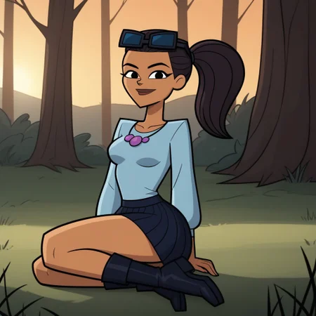 score_9, score_8, BREAK, solo, cyan long sleeves, 1girl, skirt, boots, dark brown hair, ponytail, eyewear on head, purple necklace, dark skin, black eyes, lips, breasts, total drama, Jen_(Total_Drama), tdtrr, sexy pose, smile, outdoors, sunlight, shadows, evening lighting, natural lighting, forest, trees, grass, orange sky, sunset
