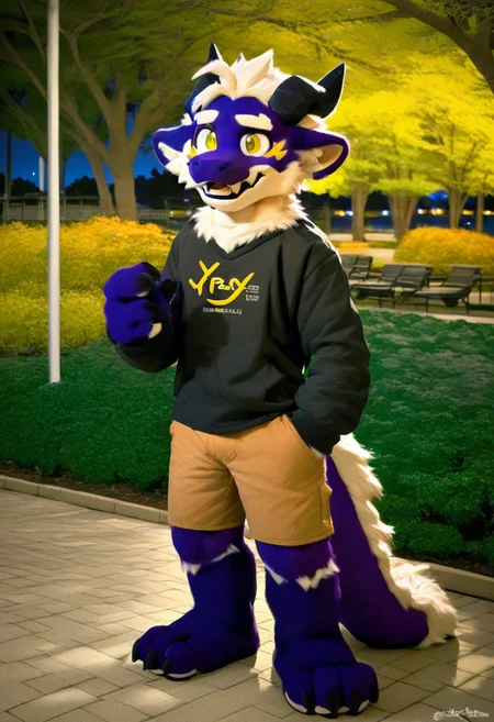 score_9_up, score_8_up, score_7_up, source_furry, mikus-sona, fursuit, furry focus, furry style, furry costume, anthropomorphic, anthro, yay, dragon boy, white eyebrows, yellow eyes, 1boy, solo, ((park, night))