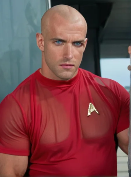 1boy, 20 year old male, Handsome, masculine, blonde, star trek, see-through red shirt, muscle, tall, tight shirt, mesh shirt, wide pectorals, big shoulders, wide shoulders, muscular neck, German, bald, big pale blue eyes,
stunf, star trek uniform,