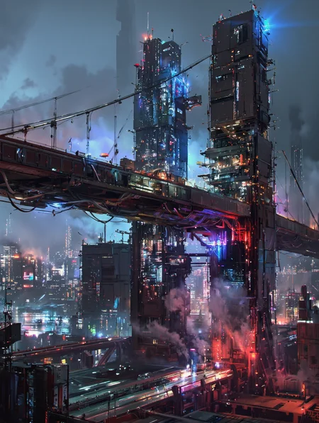 cyberpunk dystopian cityscape, wide panoramic view of the entire Golden Gate bridge, the whole bridge fully covered with chaotic layers of shacks, favela-style buildings, improvised structures, neon-lit junk architecture stacked along the entire span of the bridge, wires, metal scaffolding, satellite dishes, glowing signs, smoke, fog, futuristic smog-filled skyline in the background, dramatic night lighting, blue and red neon reflections on wet surfaces, cinematic shot